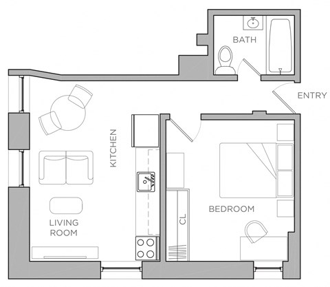 Floor plan for 1 bed, 1 bath, 600 sqft